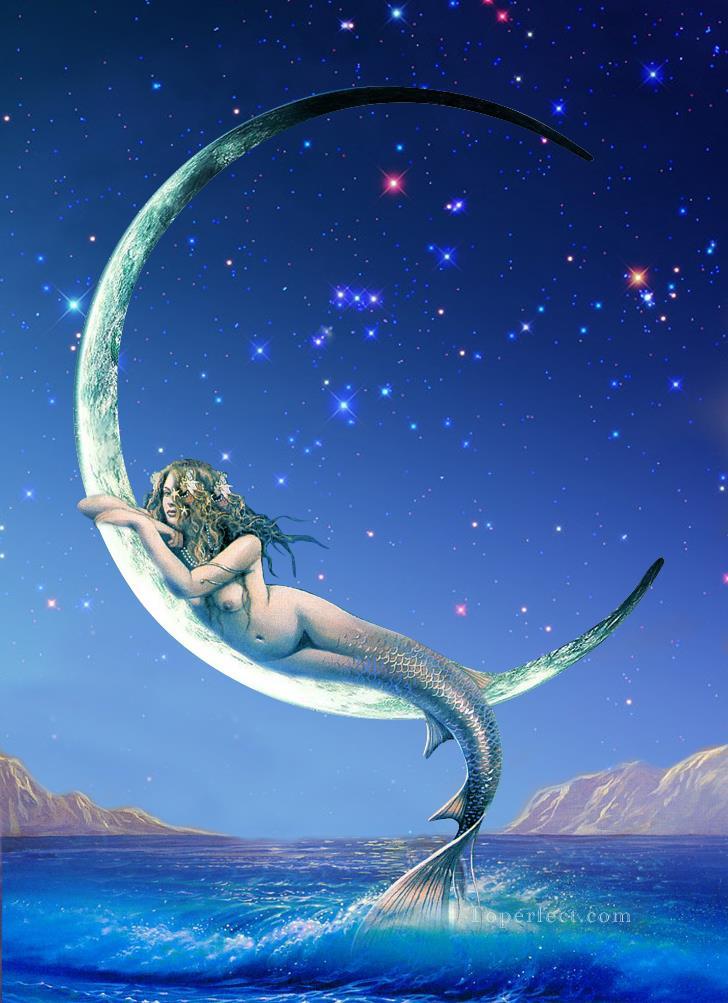 sirena en luna plateada desnuda original Pintura al óleo